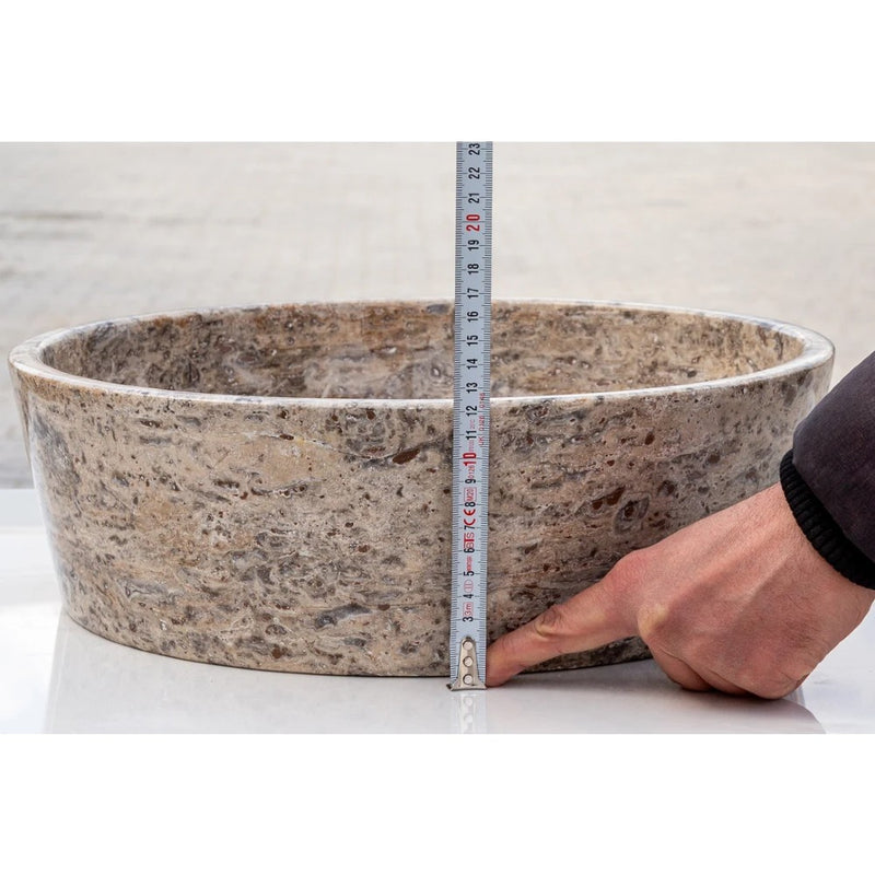 Silver Latte Travertine Natural Stone Vessel Sink Filled and Polished (D)16" (H)5"