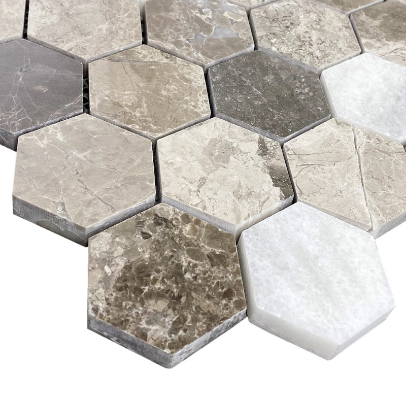 Silver Shadow-Carrara White Mix Marble 2" Hexagon on 12" x 12" Mesh Mosaic Tile SKU-HSSC2HEXMOSH corner view