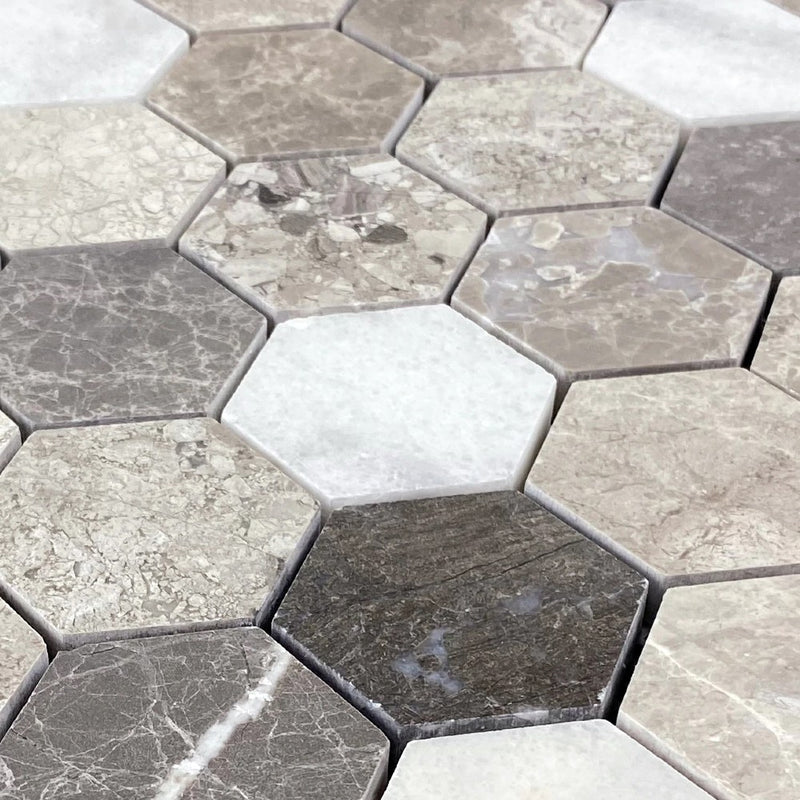 Silver Shadow-Carrara White Mix Marble 2" Hexagon on 12" x 12" Mesh Mosaic Tile SKU-HSSC2HEXMOSH close view