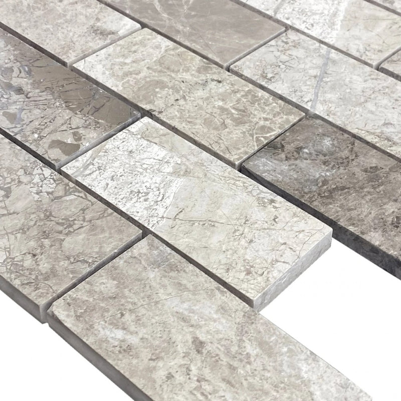Silver Shadow Marble 2"x4" Brick Honed on 12" x 12" Mesh Mosaic Tile SKU-HSSH2x4BMOSH close view