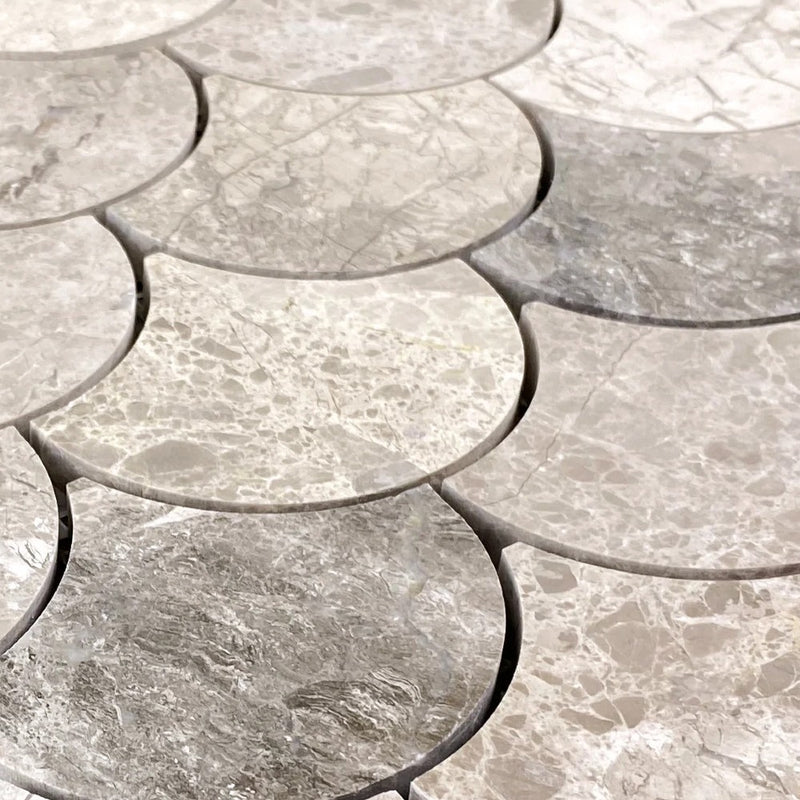 Silver shadow marble mosaic tile laguna design on 12x12 mesh honed SKU-HSSHLAGDMOSH close view