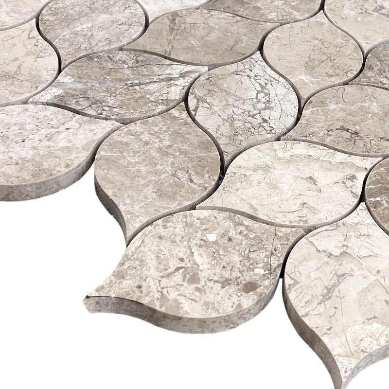 Silver Shadow Marble Leaf Design on 12" x 12" Mesh Mosaic Tile SKU-HSSSLEABMOSH corner view