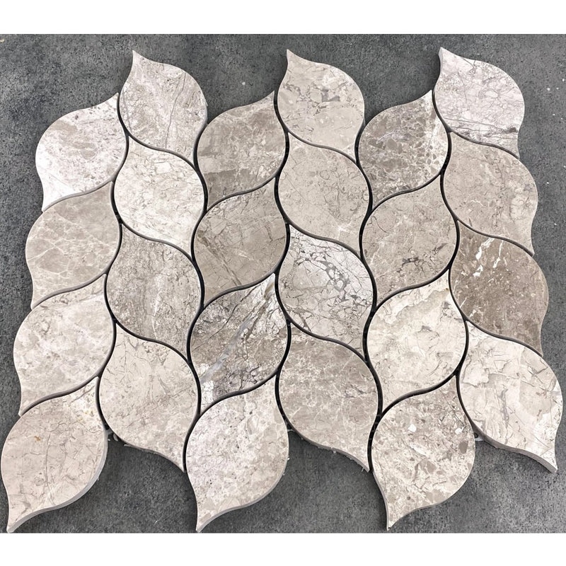 Silver Shadow Marble Leaf Design on 12" x 12" Mesh Mosaic Tile SKU-HSSSLEABMOSH top view