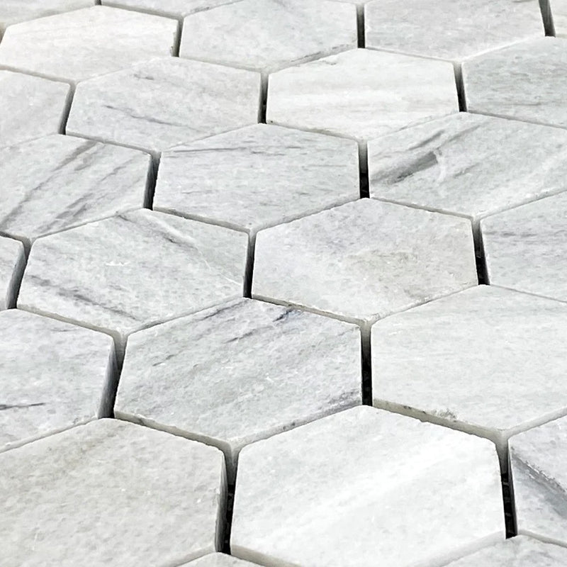Solto White Marble 2" Hexagon on 12" x 12" Mesh Mosaic Tile SKU-HSSW2HEXMOSH close view