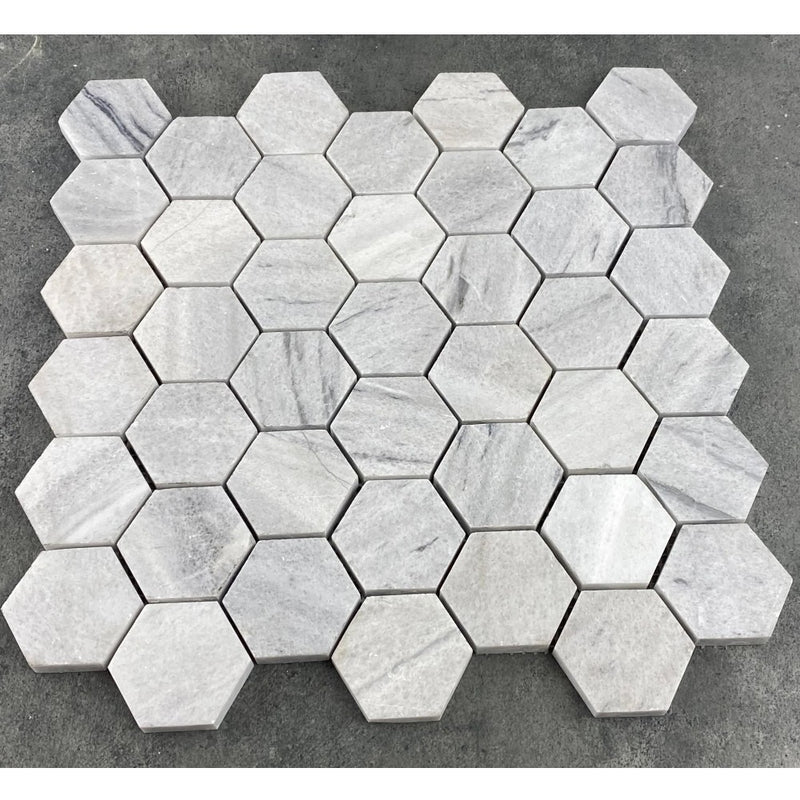 Solto White Marble 2" Hexagon on 12" x 12" Mesh Mosaic Tile SKU-HSSW2HEXMOSH top view