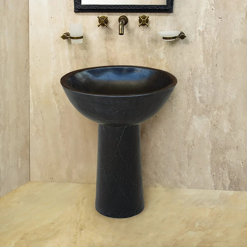 Toros Black Marble Natural Stone Pedestal Oval-top Sink Polished (W)17" (L)20" (H)33.5" SKU-NTRSTC20 installed on bathroom
