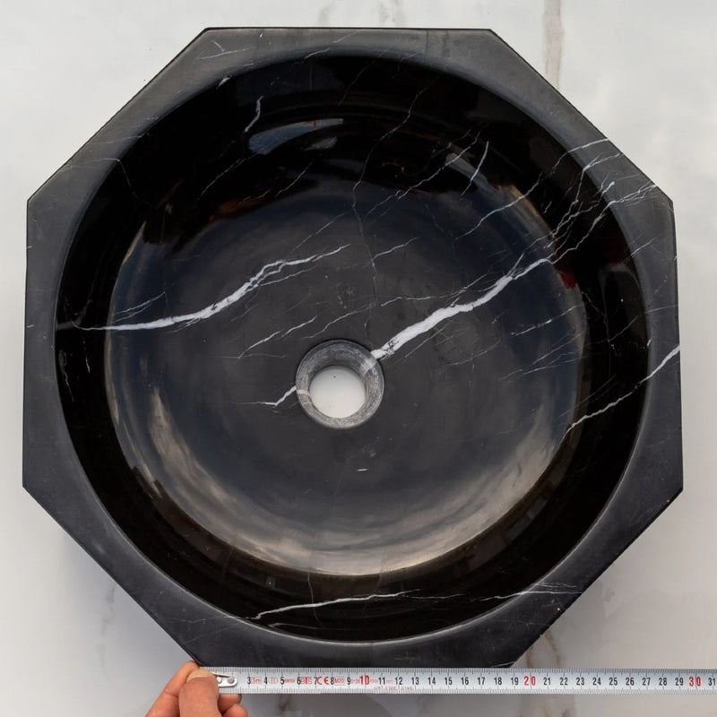 Toros Black Marble Octagon Natural Stone Vessel Sink Polished D16 H5 SKUEGETBOP166 top edge measure view