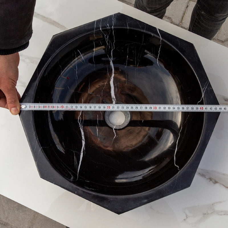 Toros Black Marble Octagon Natural Stone Vessel Sink Polished D16 H5 SKUEGETBOP166 top measure view