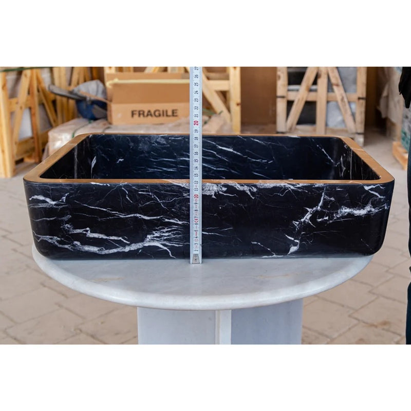 Toros Black Marble Rectangular Natural Stone sink semi Polished W14.4 L 20.3 H4.7 SKU T1-252 height measure view