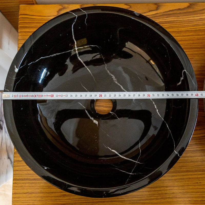 Toros Black Marble Vessel Sink rough exterior SKU-NTRVS24 size (D)16" (H)6" product shot top view diameter measure
