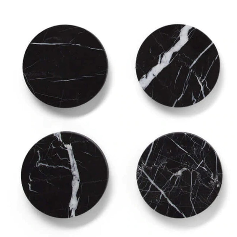 Toros Black genuine marble round coasters 4x4 polished set of 4 SKU-MSTBRC4SP  product shot set of 4 top view