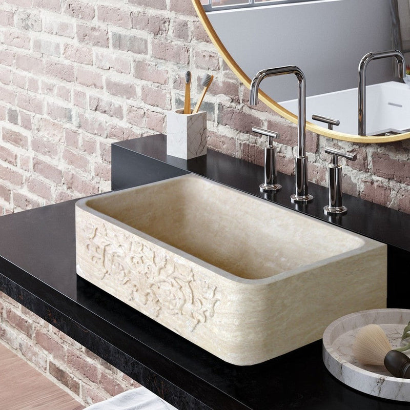 Troia light travertine natural stone farmhouse apron kitchen sink surface honed filled size  (W)18" (L)30" (H)10" (46cmx76cm) SKU-NTRSTC50 installed on above counter in bathroom
