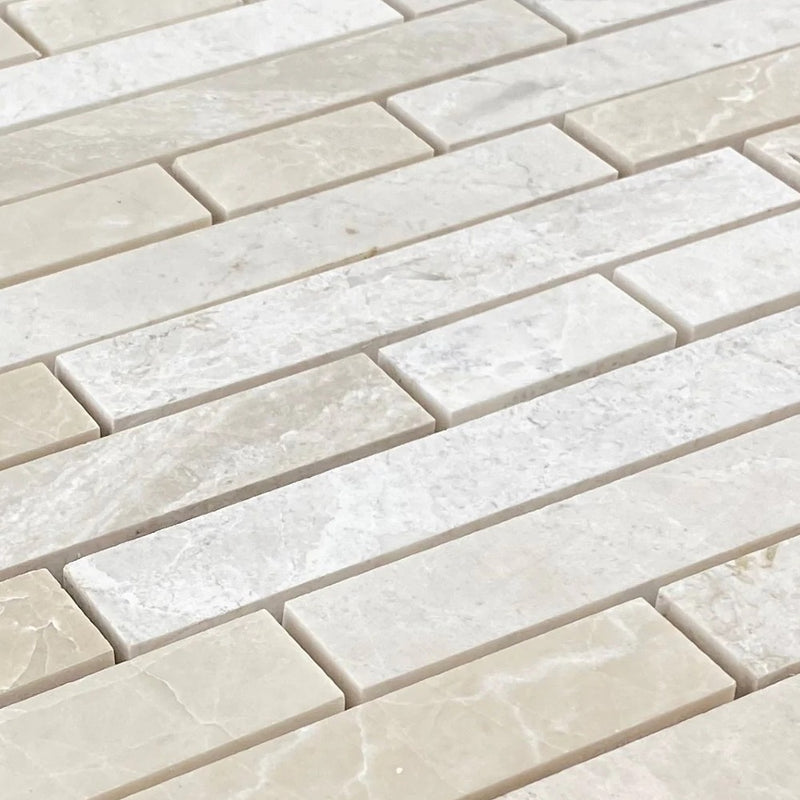 Vanilla Beige Marble Strip Liner on 12" x 12" Mesh Mosaic Tile SKU-HSVBSLNBMOSH close view