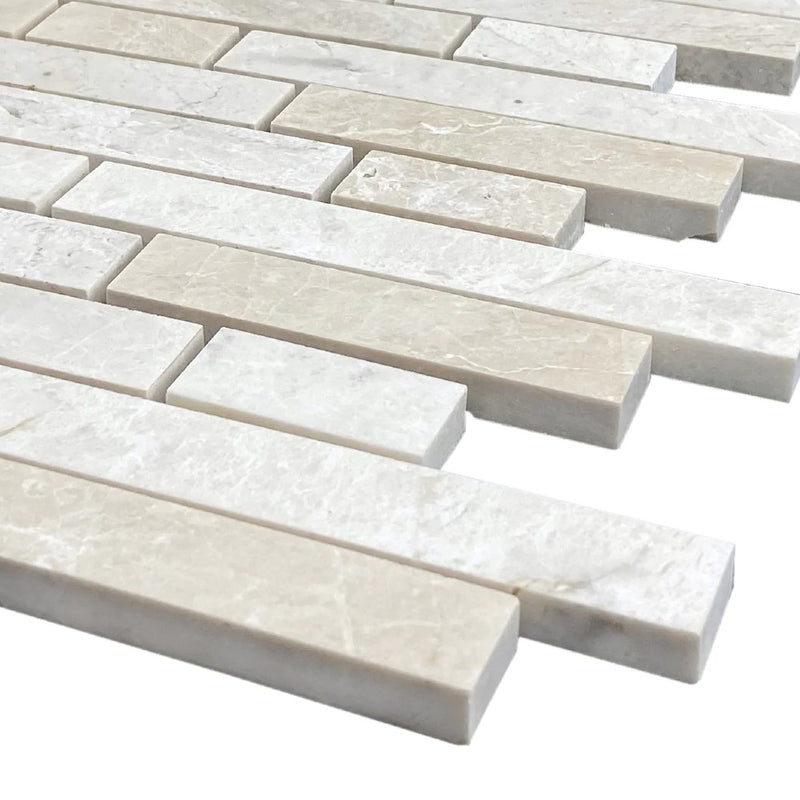 Vanilla Beige Marble Strip Liner on 12" x 12" Mesh Mosaic Tile SKU-HSVBSLNBMOSH corner view