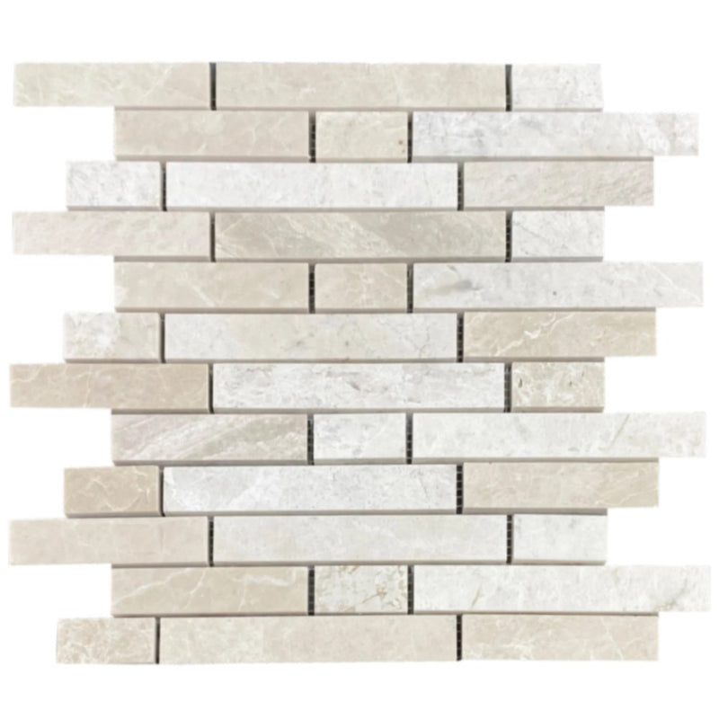 Vanilla Beige Marble Strip Liner on 12" x 12" Mesh Mosaic Tile SKU-HSVBSLNBMOSH on white background