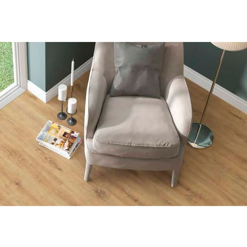 AGT Bella mimosa laminate flooring wood look size 7.5"x47" thickness 8mm SKU 991983 armchair and candles