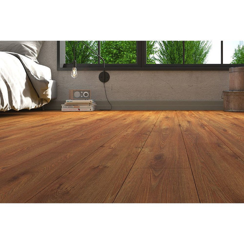 agt effect premium altay laminate flooring edge detail 4-sided V-groove wood look thickness 12mm size 7.5"x47" SKU 164012 installed on bedroom floor