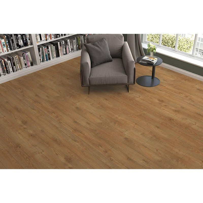 agt effect premium ural laminate flooring edge detail 4-sided V-groove wood look thickness 12mm size 7.5"x47" SKU 164018 installed on reading room floor