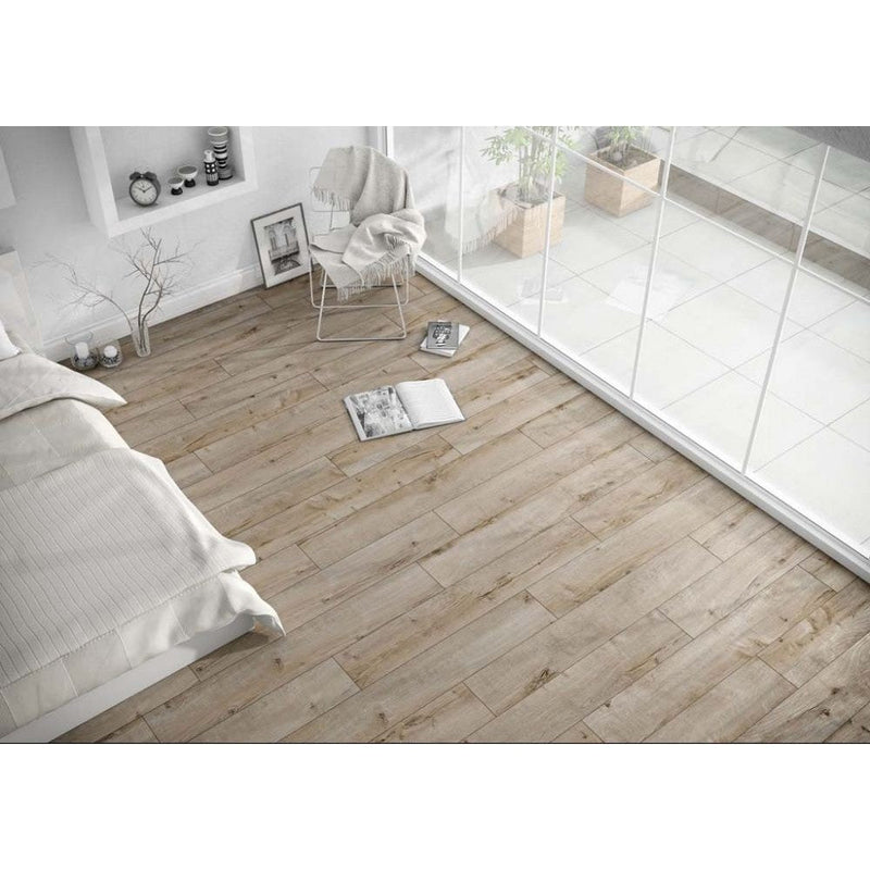 agt natura line meric laminate flooring 4-sided V-groove wood look SKU 991575 installed on bedroom floor