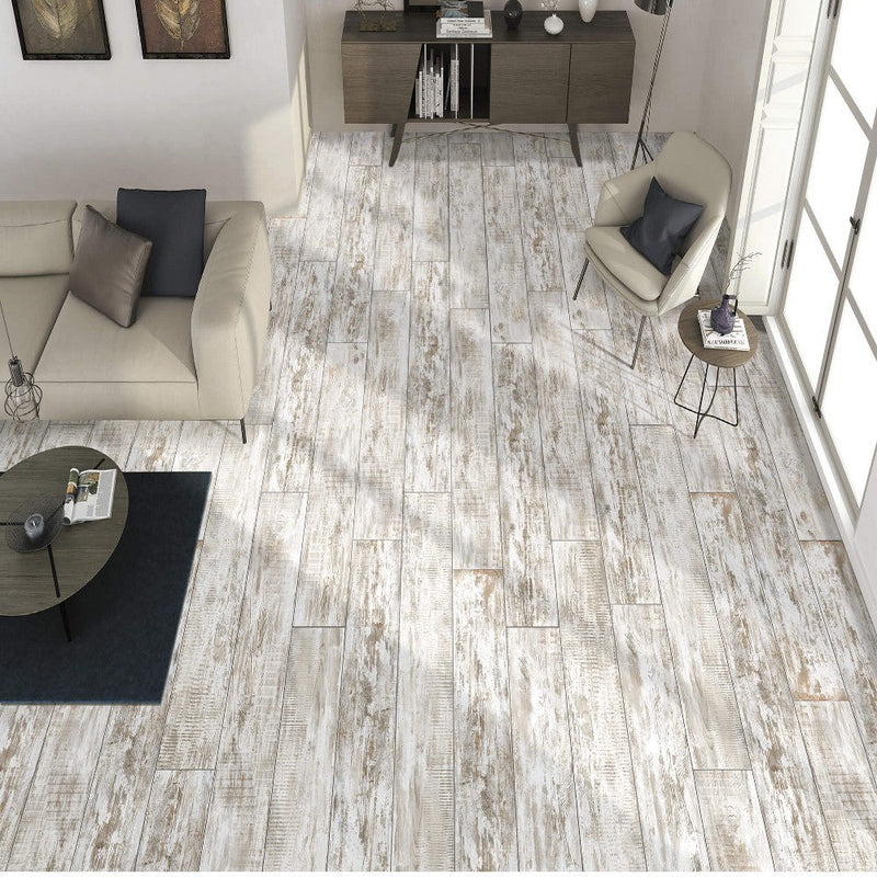 anka afra white,grey and brown mix color matte rectified wood look  porcelain floor and wall tile installed on living room floor SKU-165345