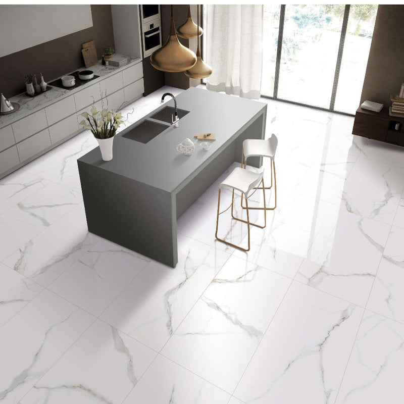 anka mediterrenian glossy rectified wall and floor porcelain tile 60x120cm SKU 165297 installed on kitchen floor island top on top with 2 bar chairs