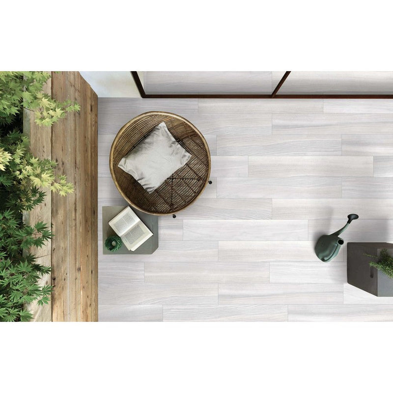 Anka tayga white matte rectified wall and floor tile porcelain size 6"x36" SKU-165352 Installed view of Tayga tiles