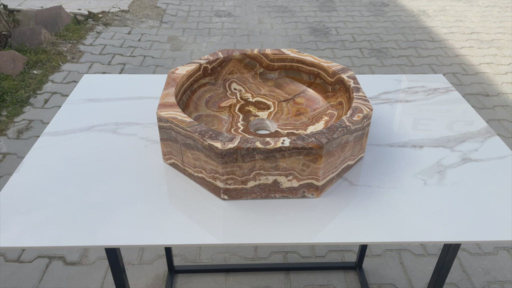 Brown Onyx Translucent Octagon Natural Stone Vessel Sink Polished D16 H5 SKU EGEBOXP165 360 view