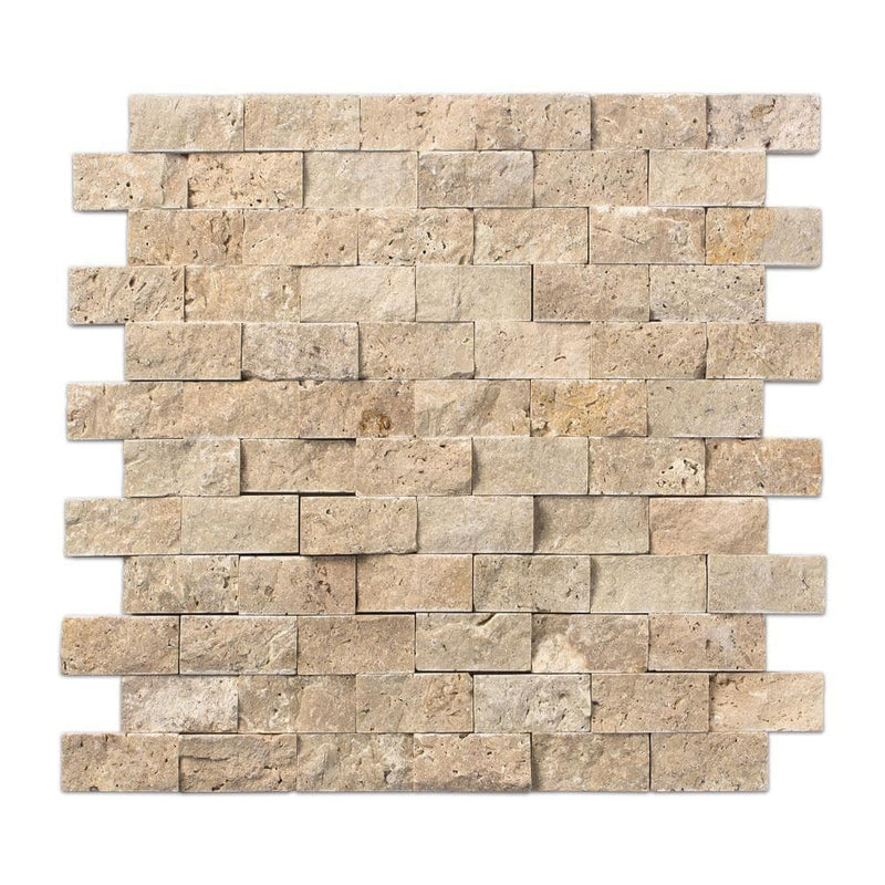 beige rustic splitface travertine mosaics 1x2 SKU 20012363 multi top view