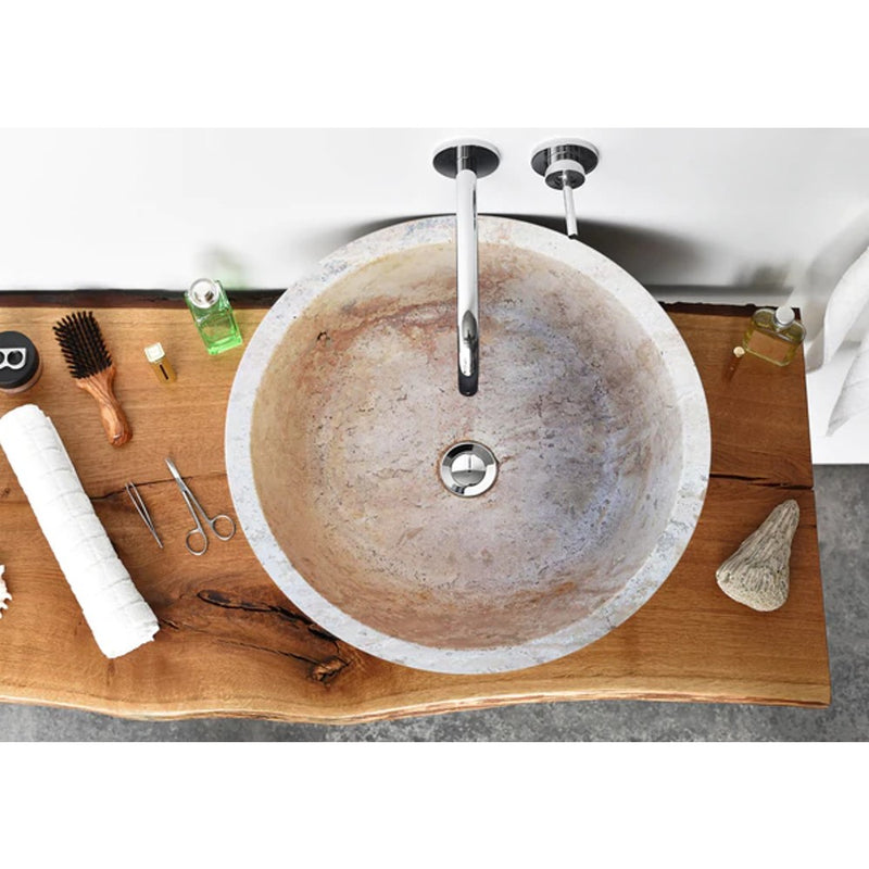 Natural Stone Beige Travertine Self-Rimming Drop-in Vessel Sink Polished (D)16" (H)6.5"