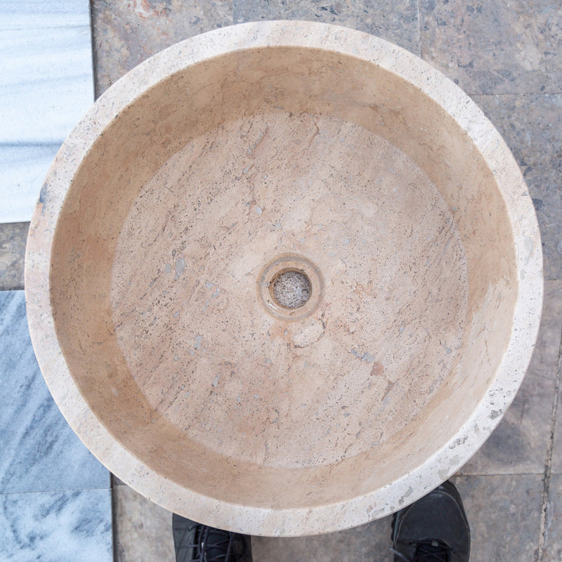 beige travertine vessel sink size (D)16" (H)6" SKU TMS02 top view product shot