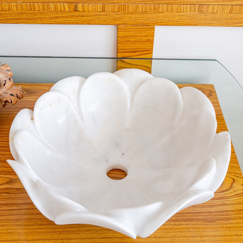 carrara white marble natural stone flower shape polished sink SKU NTRVS18 Size (D)17" (H)6" side view product shot