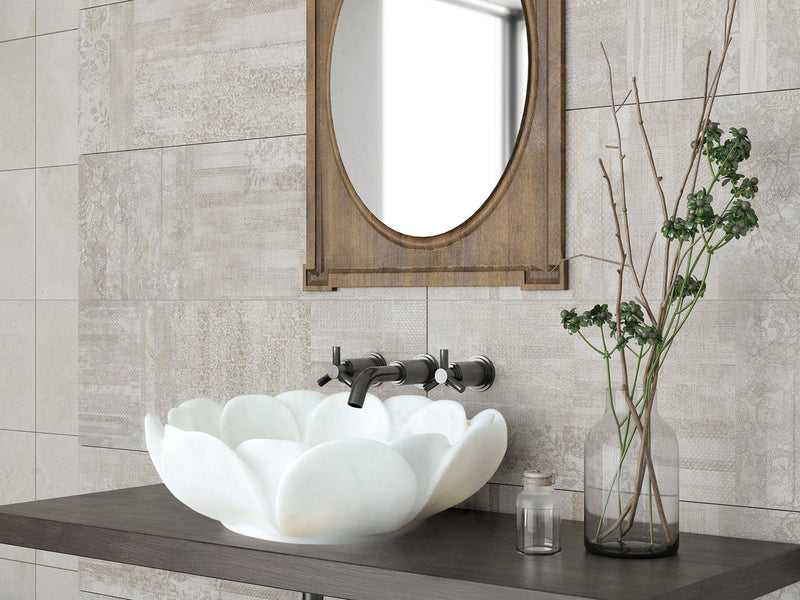 carrara white marble natural stone flower shape polished sink SKU NTRVS18 Size (D)17" (H)6"  installed in bathroom