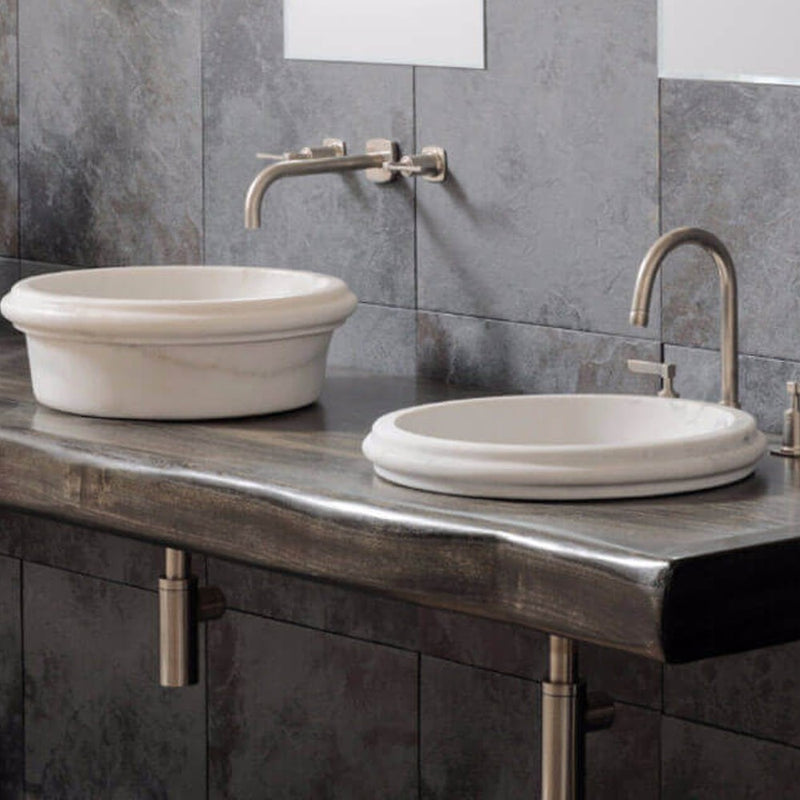carrara white marble round over counter vessel sink D17 H6 SKU-YEDSIM11 installed on bathroom as drop-in and above counter