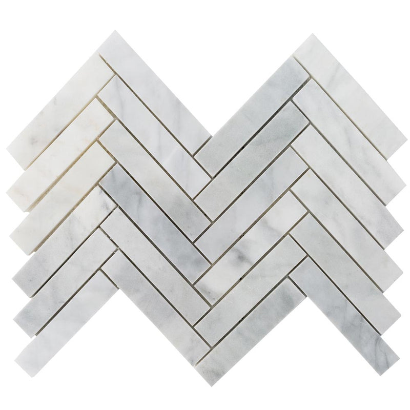 carrara white marble mosaic 1.25x6 herringbone SKU-20012341 top view of product