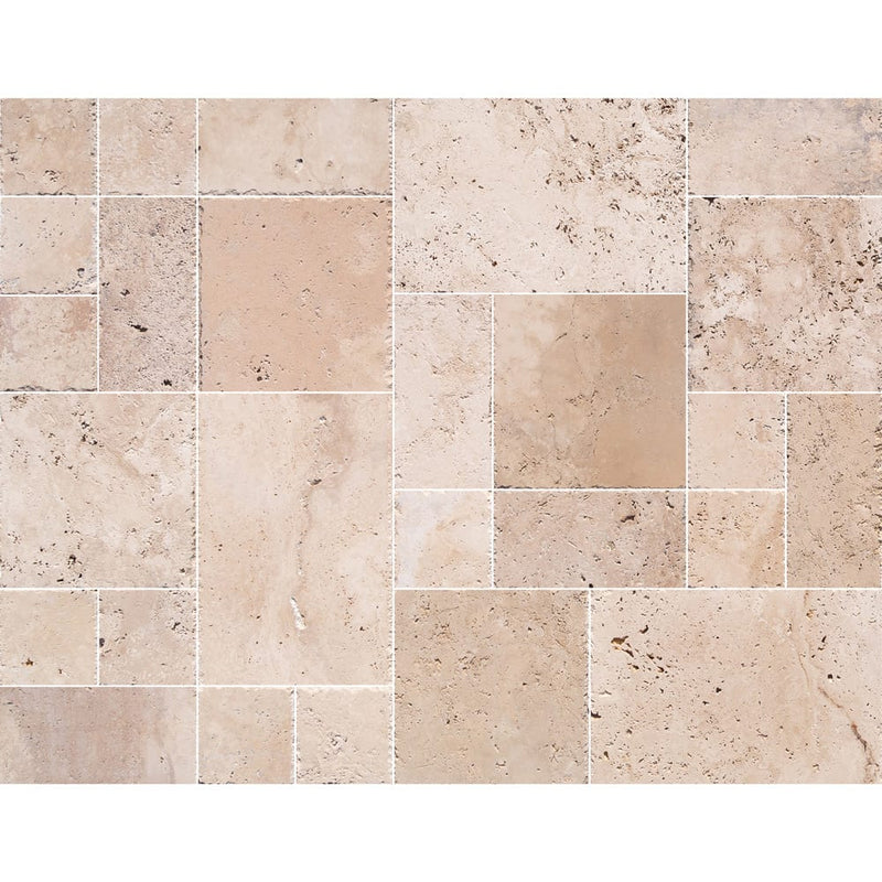 Classic Beige Travertine Tiles Antique Pattern Brushed and Chiseled SKU-CBLTAPBFCE multi view with joint