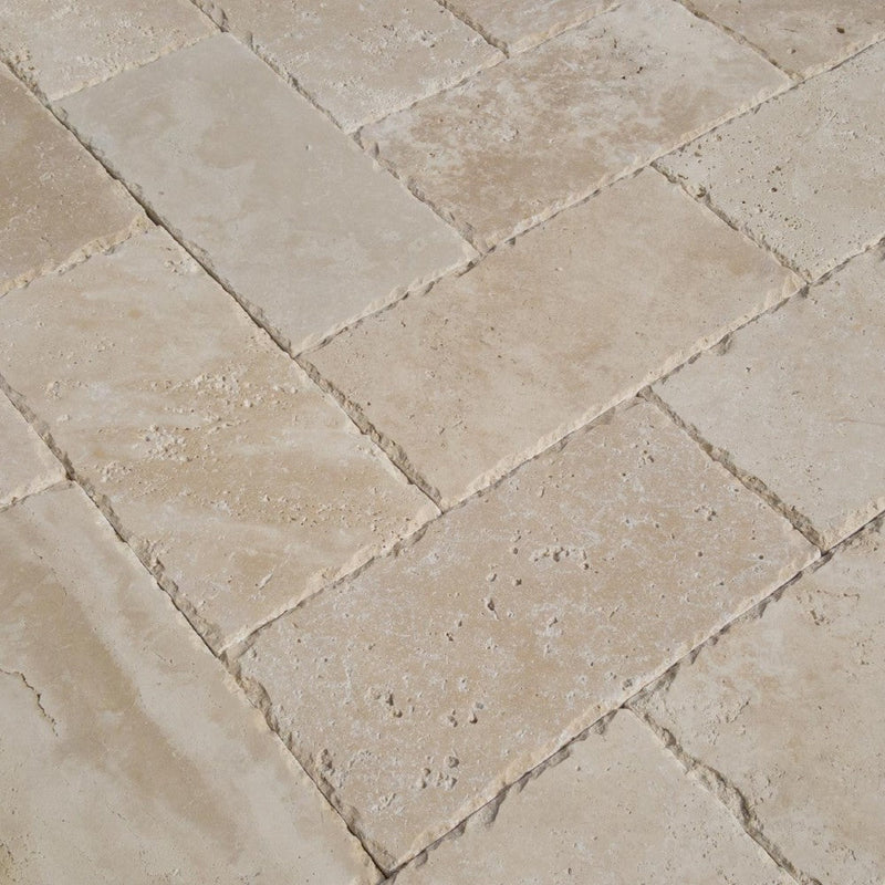 classic light Beige travertine pavers surface honed size6"x12"-thickness-1 1/4"-edge-chiseled-SKU-20020078 close up view of product