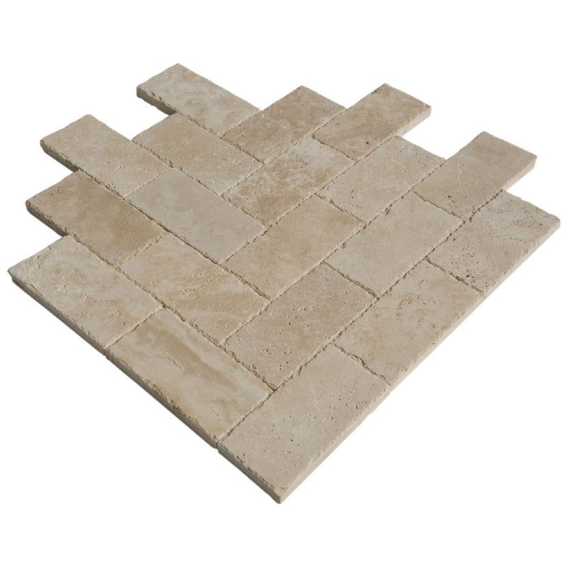 classic light Beige travertine pavers surface honed size6"x12"-thickness-1 1/4"-edge-chiseled-SKU-20020078  product shot angle view