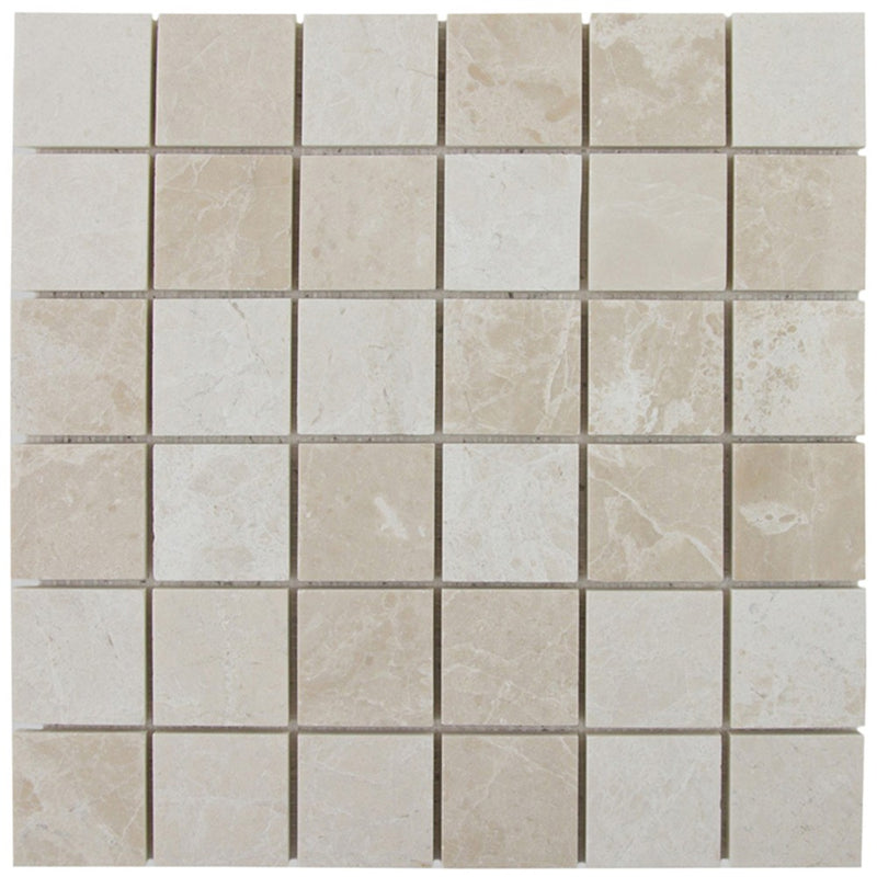 Crema marfil beige marble mosaic 2"x2" polished SKU-10083731 top view