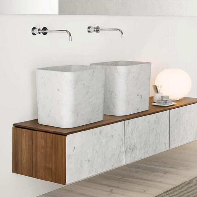 carrara white marble rectangular over counter vessel sink W14 L16 H14 SKU-YEDSIM10 installed on bathroom double sinks view