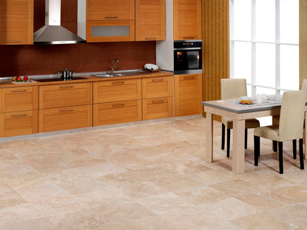 Denizli Beige Travertine Tile 12x12 - Honed Filled Turkish Premium, installed in a room