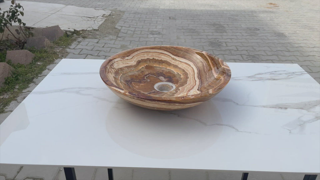 Brown onyx translucent natural stone vessel sink polished d16 h4 SKU EGEBOXPF164 360 view