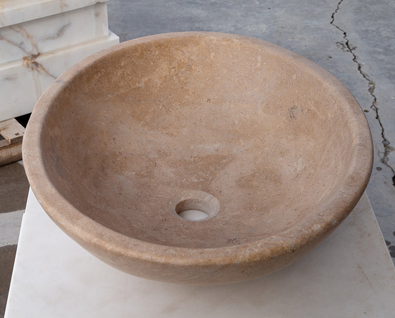 karina walnut travertine natural stone vessel sink honed and filled SKU KMRC16206W Size (W)16" (L)20.5" (H)6" side view product shot