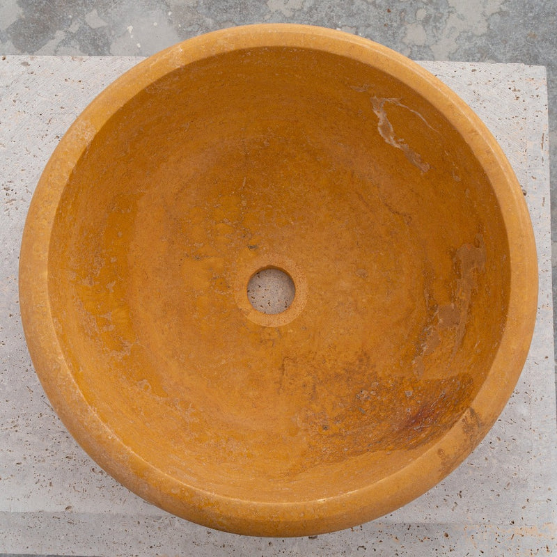 gobek natural golden sienna natural stone vessel sink honed and filled SKU KMRC166DI Size (D)16" (H)6"  top view product shot