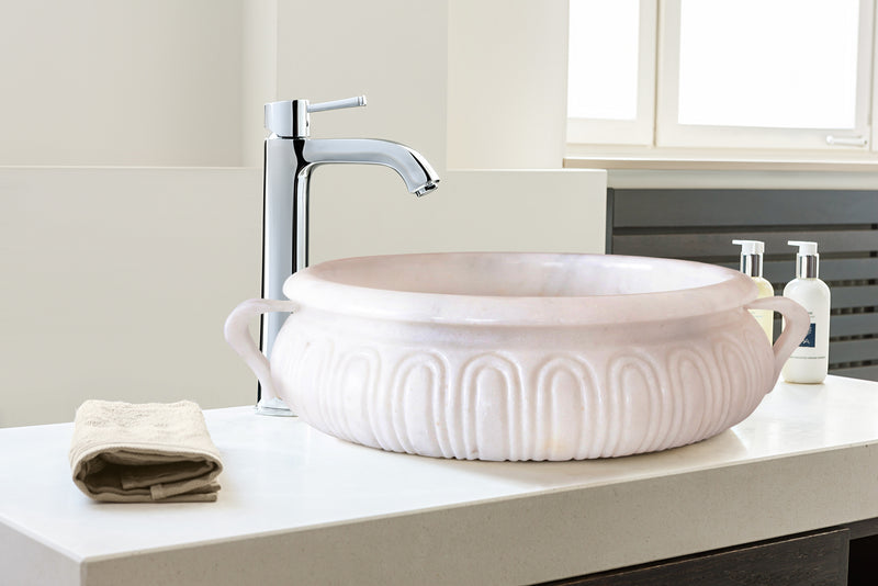 gobek natural stone white marble vessel sink bowl polished SKU NTRVS20 size (D)17" (H)6" bathroom view 