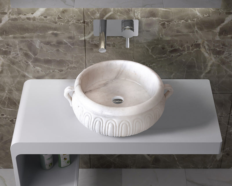 gobek natural stone white marble vessel sink bowl polished SKU NTRVS20 size (D)17" (H)6" bathroom view product shot