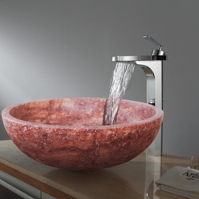 gobek red travertine natural stone vessel sink honed matte SKU NTRVS15 size (D)16" (H)6" bathroom view 