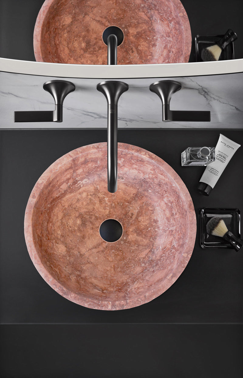 gobek red travertine natural stone vessel sink honed matte SKU NTRVS15 size (D)16" (H)6" bathroom view