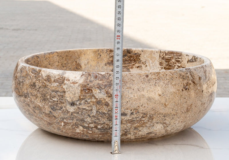 gobek valencia beige travertine natural stone vessel sink filled and polished SKU EGEVP166 Size (D)16" (H)6" height measure view