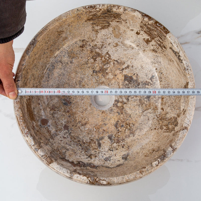 gobek valencia beige travertine natural stone vessel sink filled and polished SKU EGEVP166 Size (D)16" (H)6" diameter measure view 
