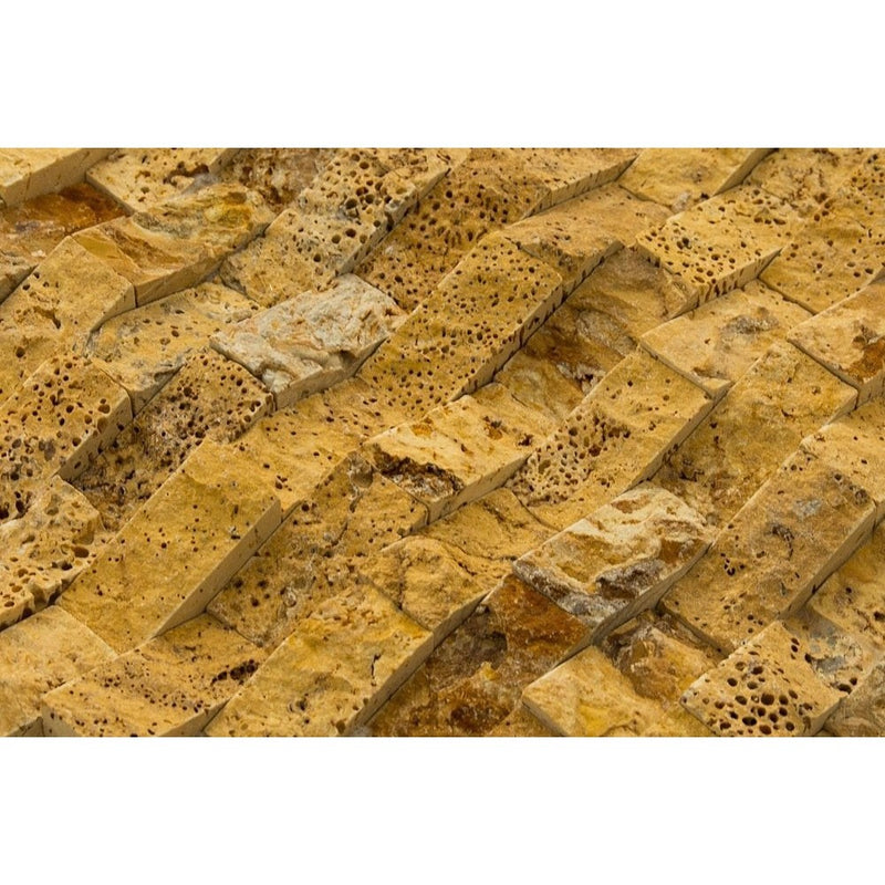 gold pyramid splitface travertine mosaics 1x2 SKU-20012400 close shot of product